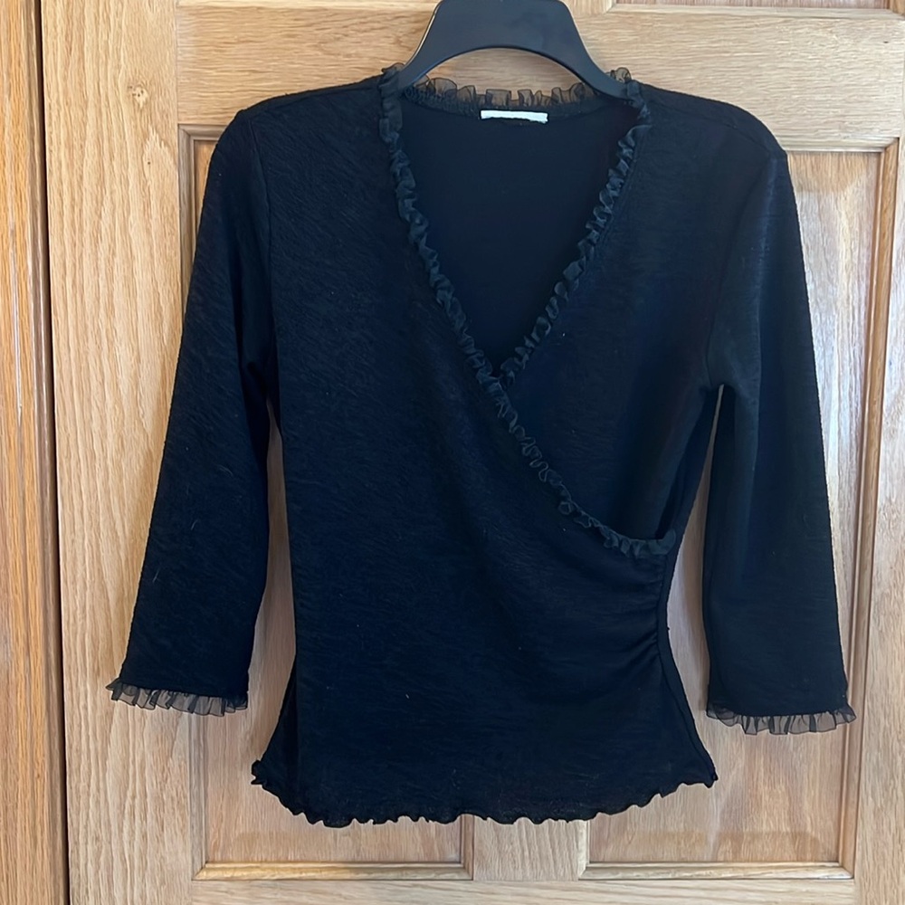 Beautiful Ruffled Black Lace Trimmed Top - Faux Wrap V Neck - Small
